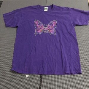 Peace Frogs Butterfly Frog Graphic T-Shirt Purple Large Neon Psychedelic Y2K Tee
